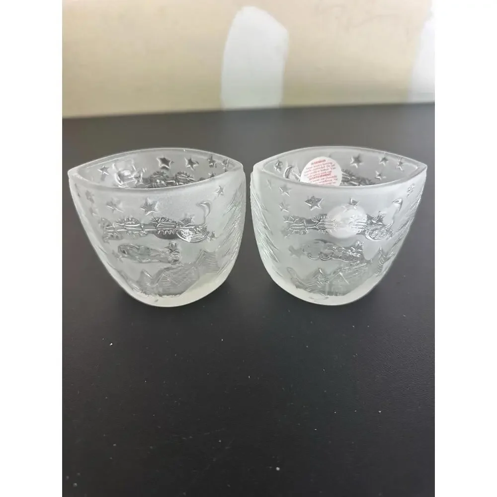 Christmas Oval Frosted Glass‎ Votive Candle Holder Santa & Reindeer Flying